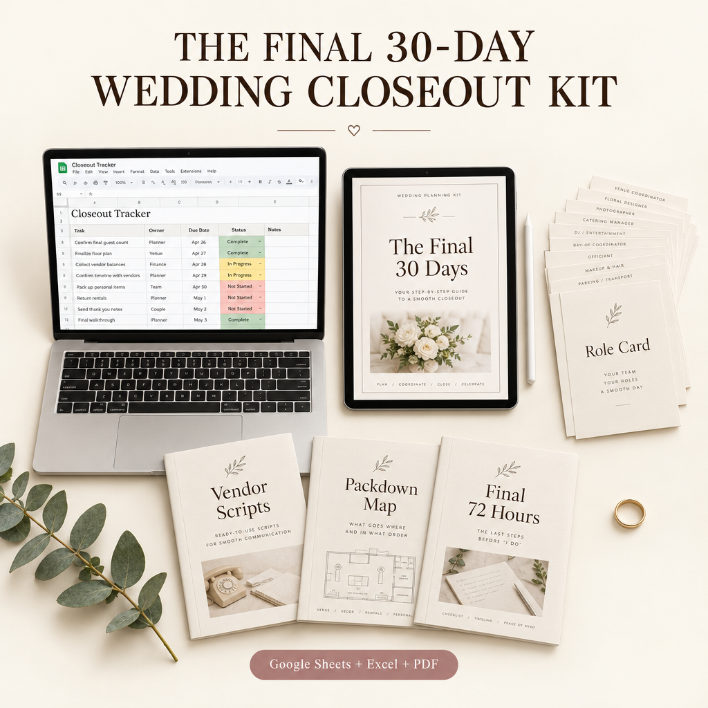 The Final 30-Day Wedding Closeout Kit: Closeout Tracker in Google Sheets, The Final 30 Days playbook, Role Cards, Vendor Scripts, Packdown Map and Final 72 Hours checklist