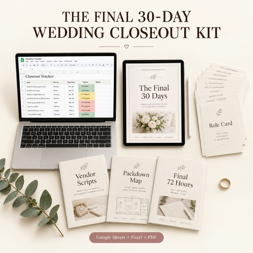 The Final 30-Day Wedding Closeout Kit: Closeout Tracker in Google Sheets, The Final 30 Days playbook, Role Cards, Vendor Scripts, Packdown Map and Final 72 Hours checklist